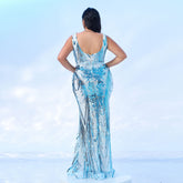 Plus Blue Sequin Mermaid Backless Prom Dress